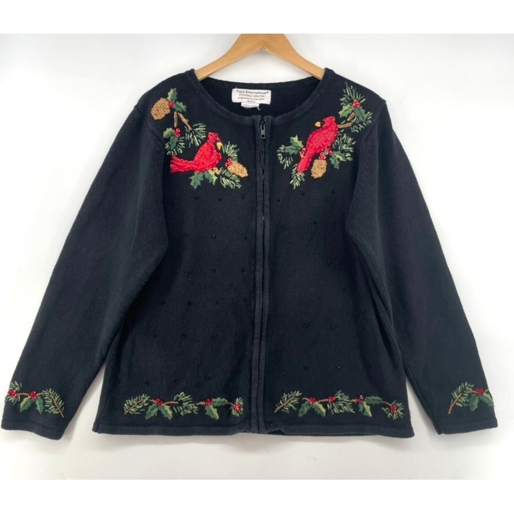 Vtg Tiara International Sweater Cardinal *XL Black Cardigan Beaded Sequined  Zip